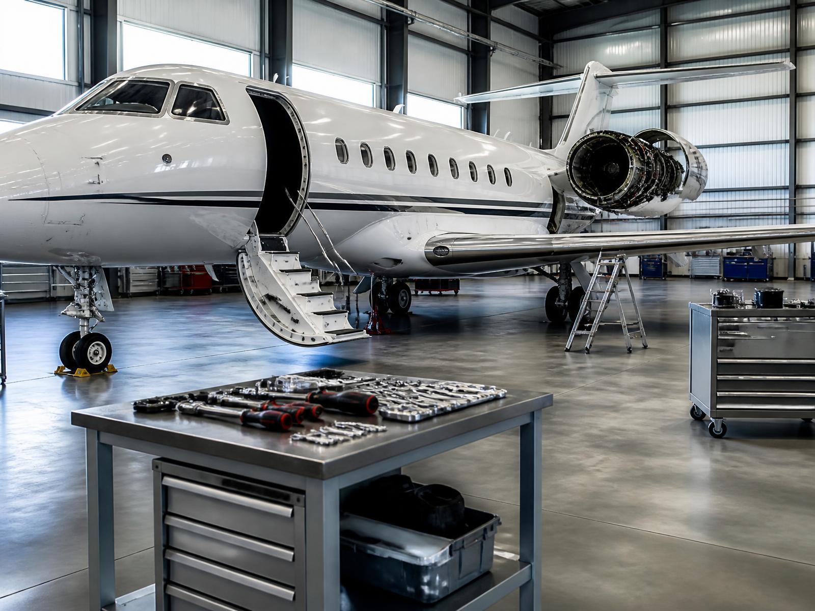 Private jet inside a hangar during scheduled maintenance